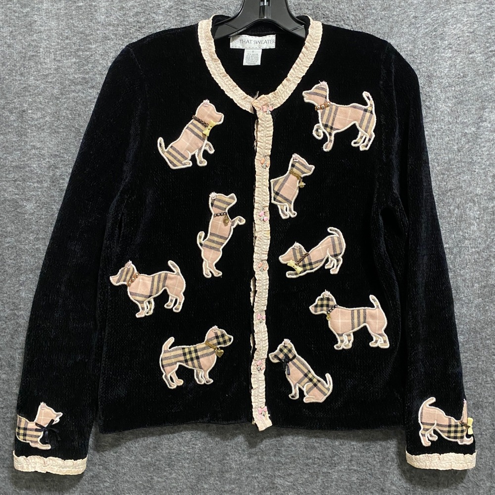 That Sweater Black Velour Dog Bow Button Front Cardigan Womens M Black Holiday